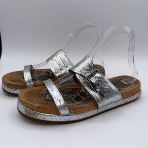 Coach Metallic Silver 8B Sunny Sandals Embossed Leather Croc